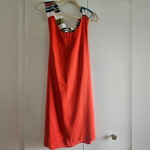 NWOT Lulus Red Orange Dress with Multicolor Tie in and Scoop Back Mini Size M.